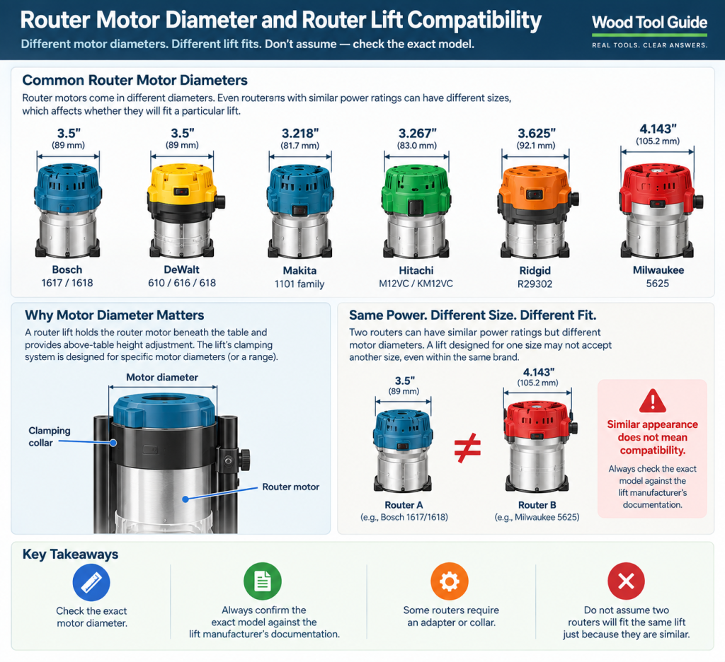 Diagram showing common router motor diameters and how motor size affects router lift compatibility